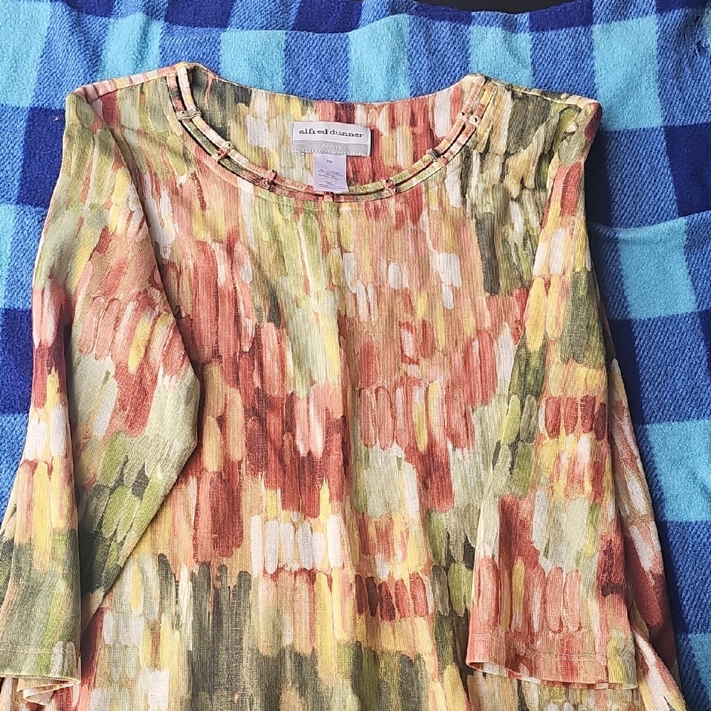 Alfred Dunner Blue Pink Graphic 3/4 Sleeve Blouse